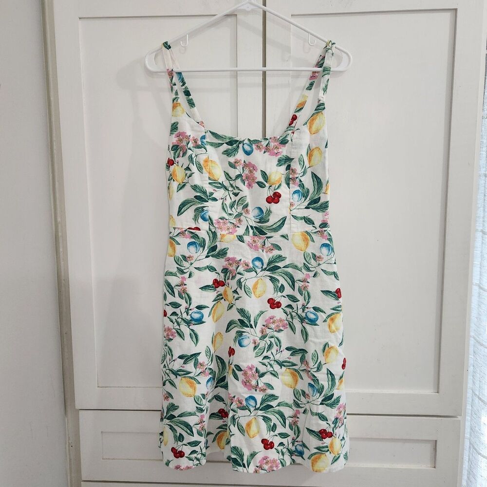 Old Navy Womens Small Linen Blend Mini Dress Fruit Print Pockets Preppy Summer
